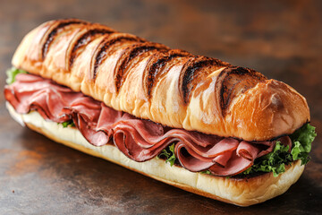 Mediterranean sandwich with ham and greens close-up photo