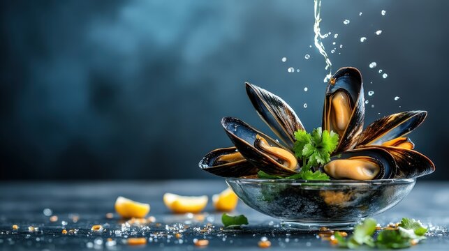 Mussels are artistically splashed with water in a glass bowl, creating a dynamic scene that emphasizes freshness and vitality, perfect for culinary enthusiasts seeking vibrant food art.