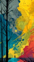 Artistic Pathway: An artistic painting that depicts a person walking on a pathway and leads to the future with a colorful painting. A metaphor of walking on the road to dreams, with bright colors.