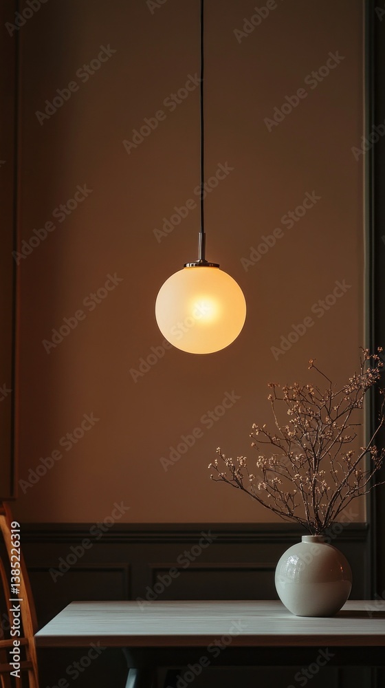 Poster a gentle glow from a round pendant light casts a serene atmosphere in a cozy dining space. a simple 