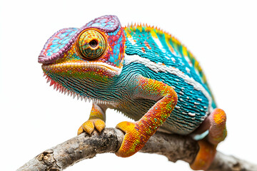Obraz premium A vibrant chameleon displaying its dazzling colors on a wooden branch