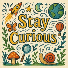 Fototapeta premium Stay curious: whimsical nature exploration with rocket, snail, and magnifying glass