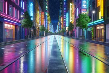 Obraz premium A rain-soaked downtown street with shimmering reflections from neon lights