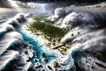 A massive storm strikes an island with towering waves, heavy rain, lightning, and destruction as palm trees bend and debris scatters across the turbulent shore.