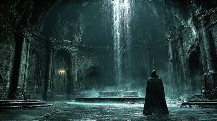 Elden Ring:  A solitary figure stands before a breathtaking subterranean waterfall in a crumbling ancient temple, the scene evoking mystery and solitude.