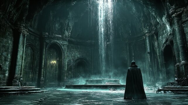 Elden Ring:  A solitary figure stands before a breathtaking subterranean waterfall in a crumbling ancient temple, the scene evoking mystery and solitude.