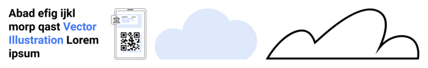 Smartphone screen displaying QR code and text, cloud graphic, abstract black outline. Ideal for cloud storage, online scanning, data sharing, technology, minimal design, digital tools simple landing