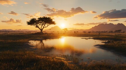 Obraz premium Sunset over African savanna with acacia tree reflected in waterhole.