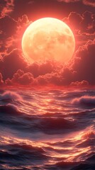 Obraz premium Celestial Dawn over the Ocean: The radiant full moon dominates the horizon, casting an ethereal glow across the ocean's waves, creating a captivating spectacle. 