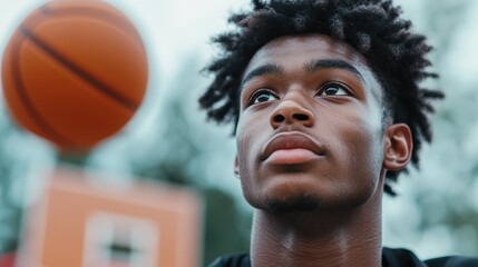 This image captures a concentrated young male basketball player gazing upwards, showcasing his determination and passion for the game in a vibrant outdoor setting.