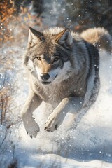 Naklejka premium Majestic Wolf Running Through Snowy Landscape in Winter Wonderland