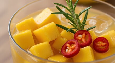 Delicious mango fruit dessert with sliced chili pepper and rosemary sprig in a glass. Refreshing tropical summer drink for cocktail menu or restaurant