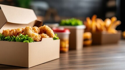 An appetizing collection of fried food is displayed in a takeout box, showcasing the enjoyment of comfort food that brings satisfaction and delight in every bite.