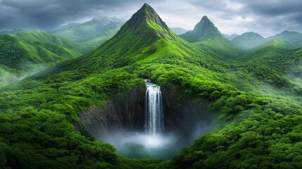 Fototapeta premium A roaring waterfall deep in the Amazon rainforest, surrounded by dense greenery and mist rising into the air