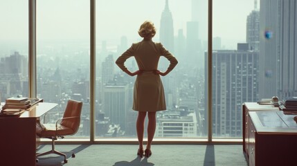Businesswoman Gazing Out Over City Skyline from Modern Office
