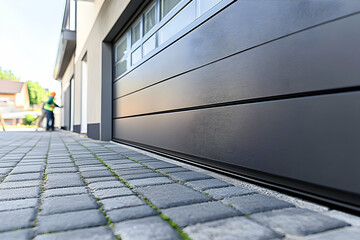 Fototapeta premium Close-up view of residential building with workers installing garage door