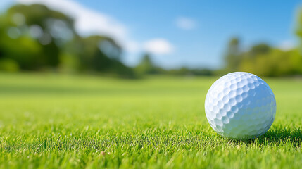 Naklejka premium Golf ball on grass against a clear sky - мяч, copy space, golf, sports 