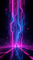 Stylized cybersecurity scene featuring neon digital grid with a central human figure on a reflective floor.