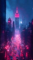 Obraz premium Urban Nightscape: Skyscrapers emerge from a neon-lit cityscape, a vivid illustration of a metropolis during twilight. Capturing the mesmerizing blend of architecture, lighting, and atmosphere.