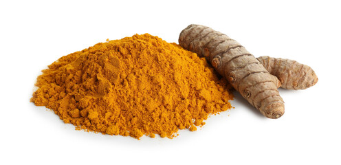 Pile of turmeric powder and roots isolated on white