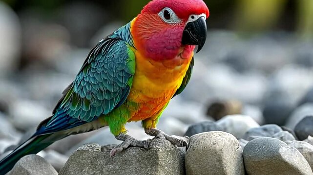 Colorful parrot foraging on pebbles in a natural setting showcasing vibrant feathers and unique patterns