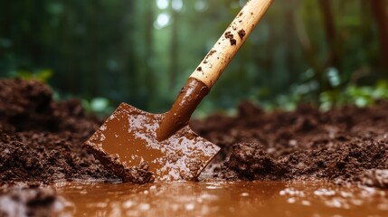 A close-up view of a shovel penetrating brown soil within a forest, highlighting the connection between human labor and the natural world, amidst lush greenery.
