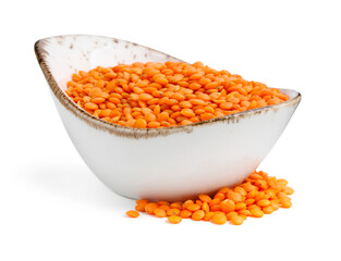 Raw lentils in bowl isolated on white