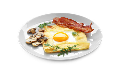 Delicious crepe bretonne with bacon and arugula isolated on white