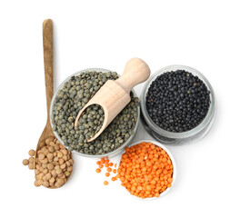 Different types of lentils isolated on white, top view