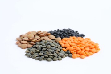 Different types of lentils isolated on white