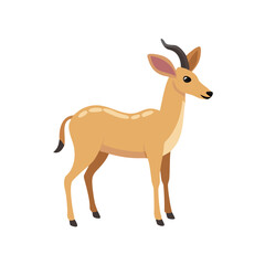 Illustration of a beautiful antelope with brown fur and curved horns standing gracefully isolated on white