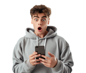 Young Man Holding Phone with Surprised Face, Advertising Reaction Pose Isolated on Transparent Background