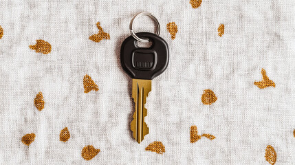 close up image of single key with black plastic head resting on textured fabric background featuring small golden spots. key metallic surface reflects light, adding sense of detail and clarity