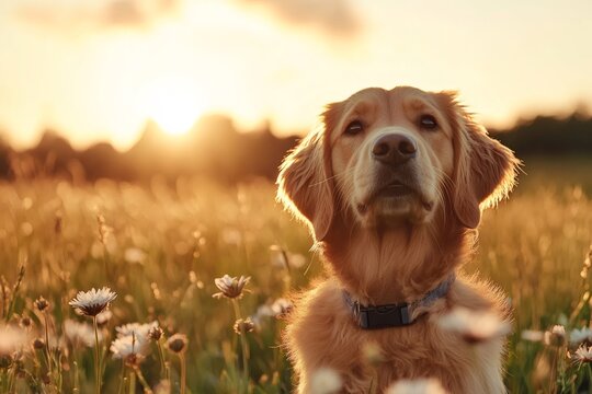 Golden retriever dog sitting in field of flowers at sunset