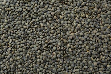 Raw green lentils as background, closeup view