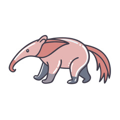 Cute cartoon anteater vector illustration, pink anteater drawing, animal clip art, wildlife graphics, zoo icon