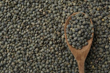 Raw green lentils and spoon as background, closeup view