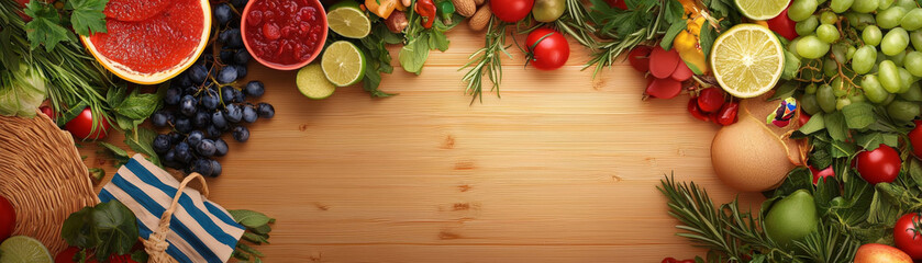 Fresh fruits and vegetables arranged beautifully wooden surface, creating vibrant and colorful display. This composition includes grapes, tomatoes, limes, and herbs, evoking sense of health