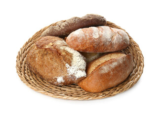 Different loaves of fresh bread in basket isolated on white