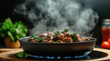 A flavorful dish simmers in a pan on the stove, releasing steam as it cooks, symbolizing warmth, comfort, and the joy of home-cooked meals shared with family and friends.
