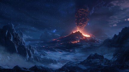Fototapeta premium Erupting volcano at night, snowy mountains, starry sky.
