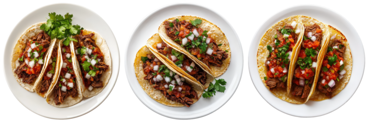 Three shredded beef tacos with pico de gallo and cilantro.