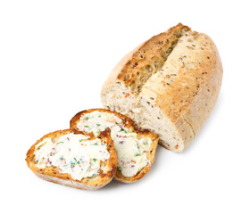 Tasty bread with garlic, herbs and butter isolated on white