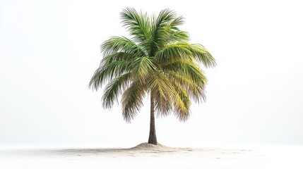 Obraz premium Lone palm tree on sandy beach, tropical paradise, summer vacation