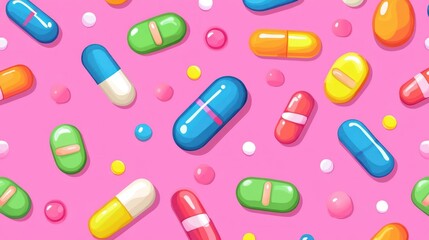 Colorful Capsules: A vibrant illustration of assorted medicine capsules on a pink background, perfect for medical or pharmaceutical designs.