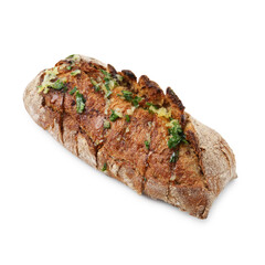 Tasty bread with garlic, herbs and oil isolated on white