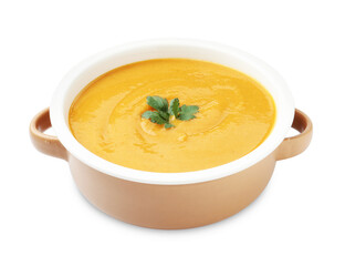 Delicious lentil cream soup with parsley isolated on white