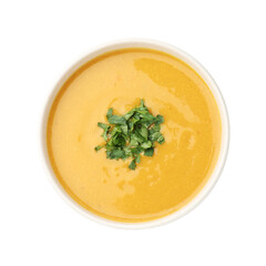 Delicious lentil cream soup with parsley in bowl isolated on white, top view
