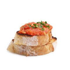 Tasty bread with tomato and parsley isolated on white