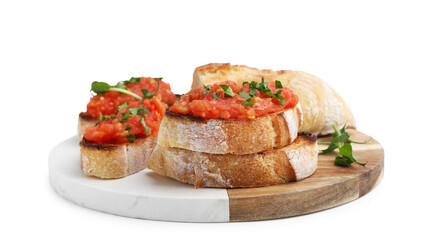 Tasty bread with tomato and parsley isolated on white